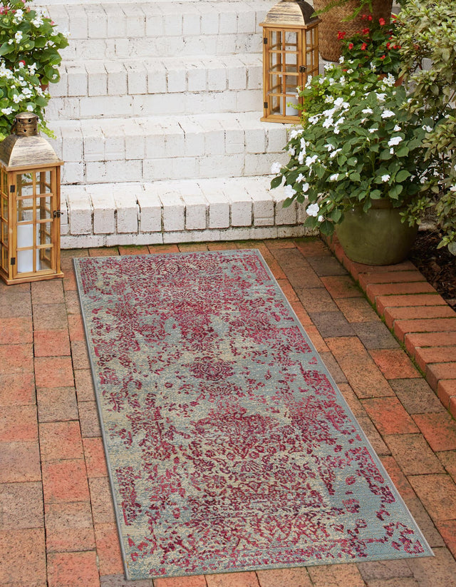 Light Blue 2' x 6' 1 Outdoor Botanical Runner Area Rug Weather Resistant for Patio, Deck, Terrace, Balcony, Porch Polypropylene Garden Floral Tropical Carpet for Sale at Rug Engine