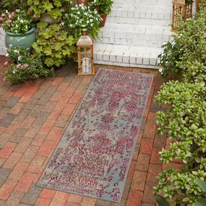 Light Blue 2' 7 x 5' 3 Outdoor Botanical Runner Area Rug Weather Resistant for Patio, Deck, Terrace, Balcony, Porch Polypropylene Garden Floral Tropical Carpet for Sale at Rug Engine