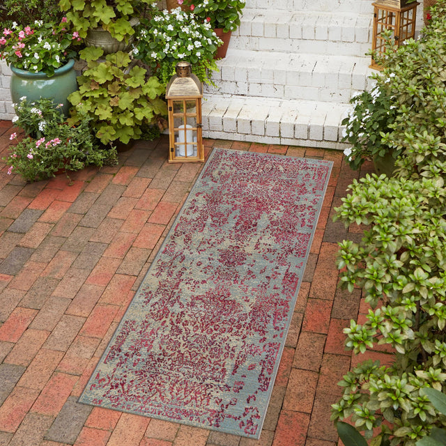 Light Blue 2' 7 x 5' 3 Outdoor Botanical Runner Area Rug Weather Resistant for Patio, Deck, Terrace, Balcony, Porch Polypropylene Garden Floral Tropical Carpet for Sale at Rug Engine