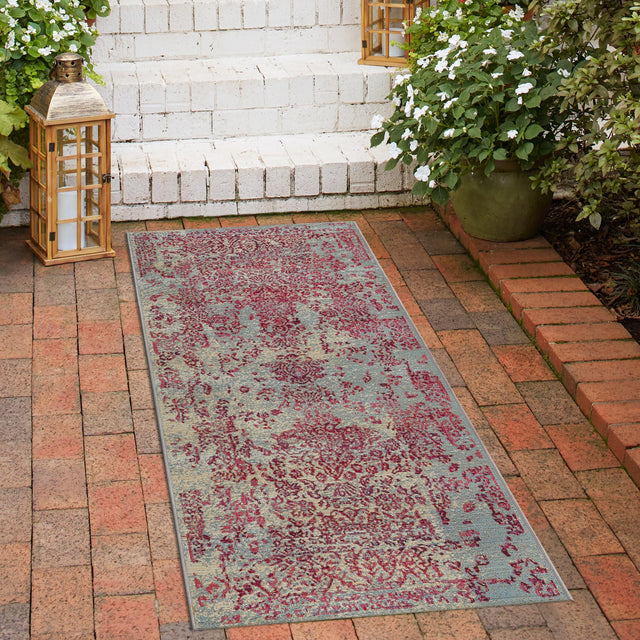 Light Blue 2' 7 x 5' 3 Outdoor Botanical Runner Area Rug Weather Resistant for Patio, Deck, Terrace, Balcony, Porch Polypropylene Garden Floral Tropical Carpet for Sale at Rug Engine