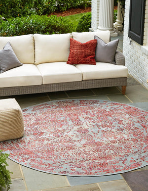 Light Blue 8' x 8' Outdoor Botanical Round Area Rug Weather Resistant for Patio, Deck, Terrace, Balcony, Porch Polypropylene Garden Floral Tropical Carpet for Sale at Rug Engine