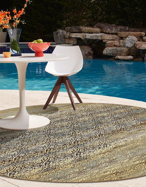 Beige 8' x 8' Outdoor Botanical Round Area Rug Weather Resistant for Patio, Deck, Terrace, Balcony, Porch Polypropylene Garden Floral Tropical Carpet for Sale at Rug Engine
