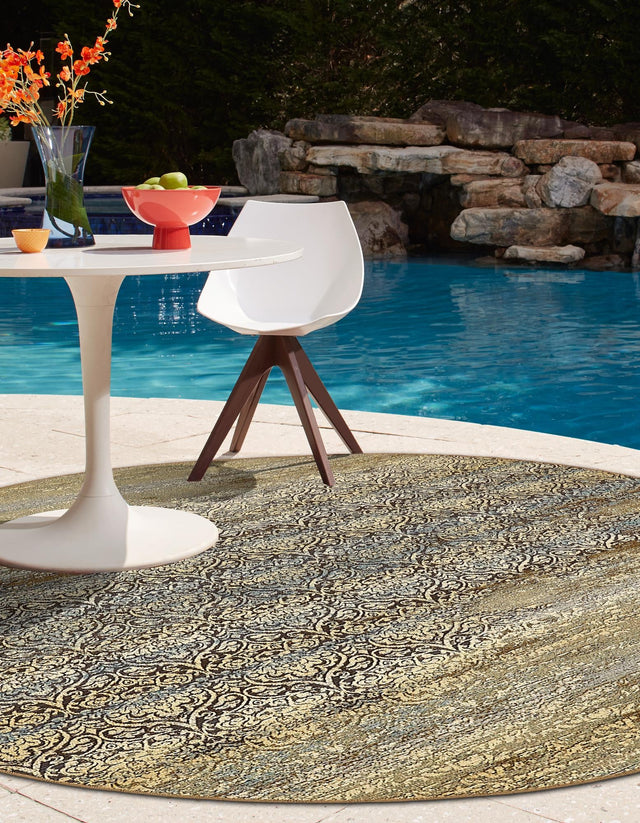 Beige 8' x 8' Outdoor Botanical Round Area Rug Weather Resistant for Patio, Deck, Terrace, Balcony, Porch Polypropylene Garden Floral Tropical Carpet for Sale at Rug Engine