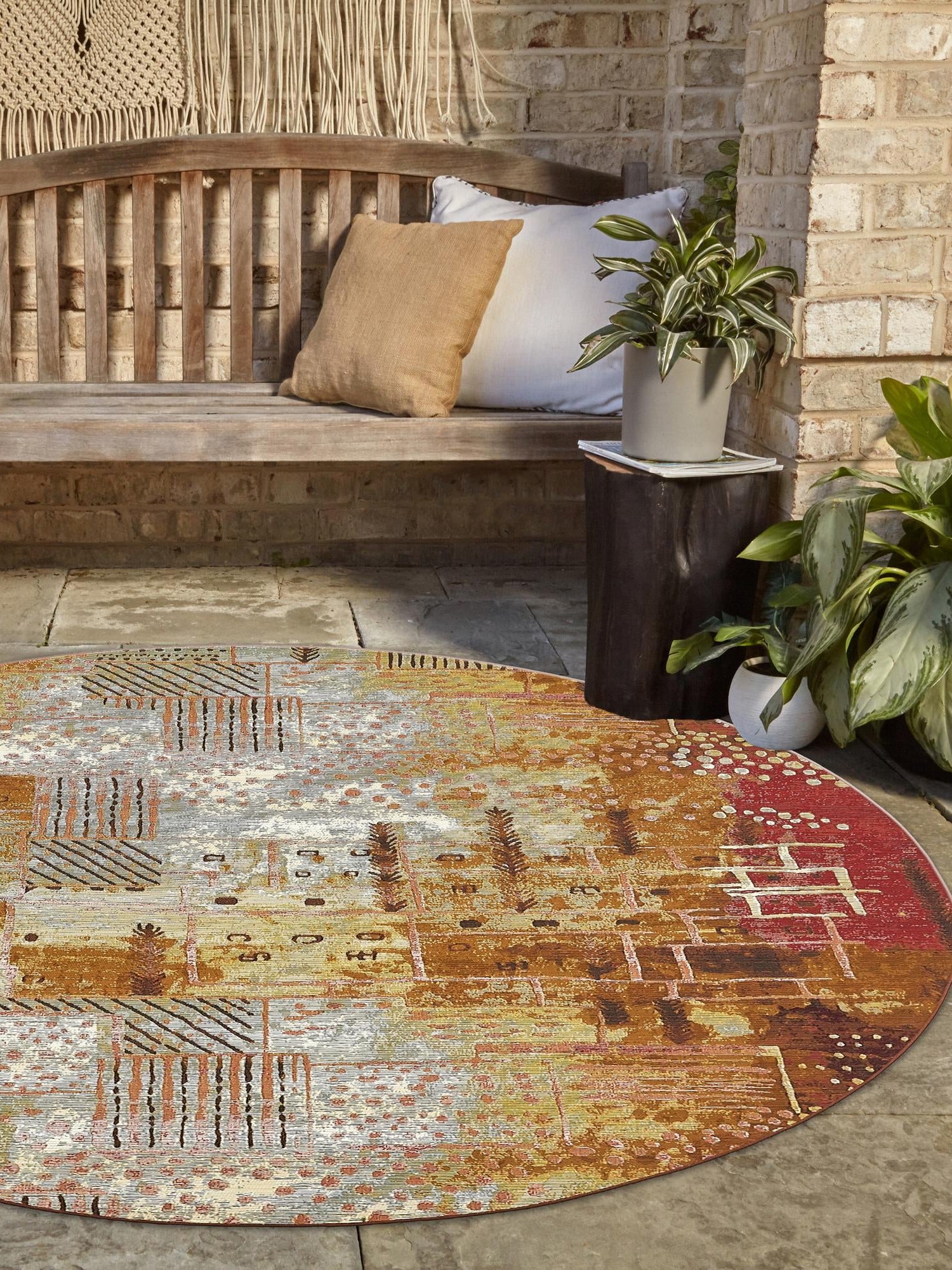 Multicolor 2' 7 x 2' 7 Outdoor Modern Round Area Rug Weather Resistant for Patio, Deck, Terrace, Balcony, Porch 100% Polypropylene Modern Outside Carpet for Sale at Rug Engine
