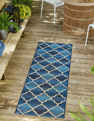 Blue 2' 7 x 5' 3 Outdoor Trellis Runner Area Rug Weather Resistant for Patio, Deck, Terrace, Balcony, Porch Geometric Design Water Safe Outside Carpet for Sale at Rug Engine