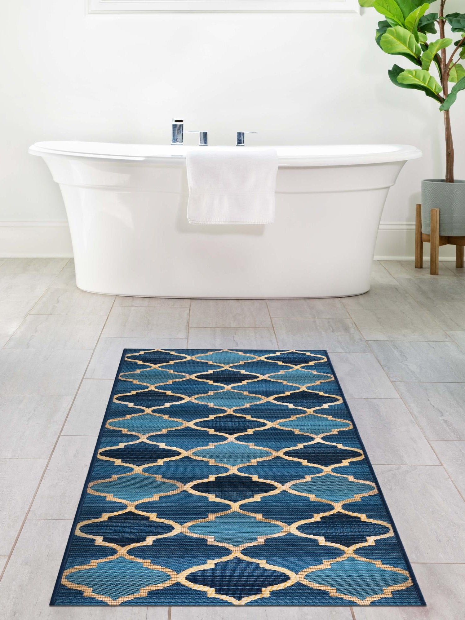 Blue 2' x 6' 1 Outdoor Trellis Runner Area Rug Weather Resistant for Patio, Deck, Terrace, Balcony, Porch Geometric Design Water Safe Outside Carpet for Sale at Rug Engine