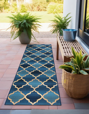 Blue 2' 7 x 5' 3 Outdoor Trellis Runner Area Rug Weather Resistant for Patio, Deck, Terrace, Balcony, Porch Geometric Design Water Safe Outside Carpet for Sale at Rug Engine