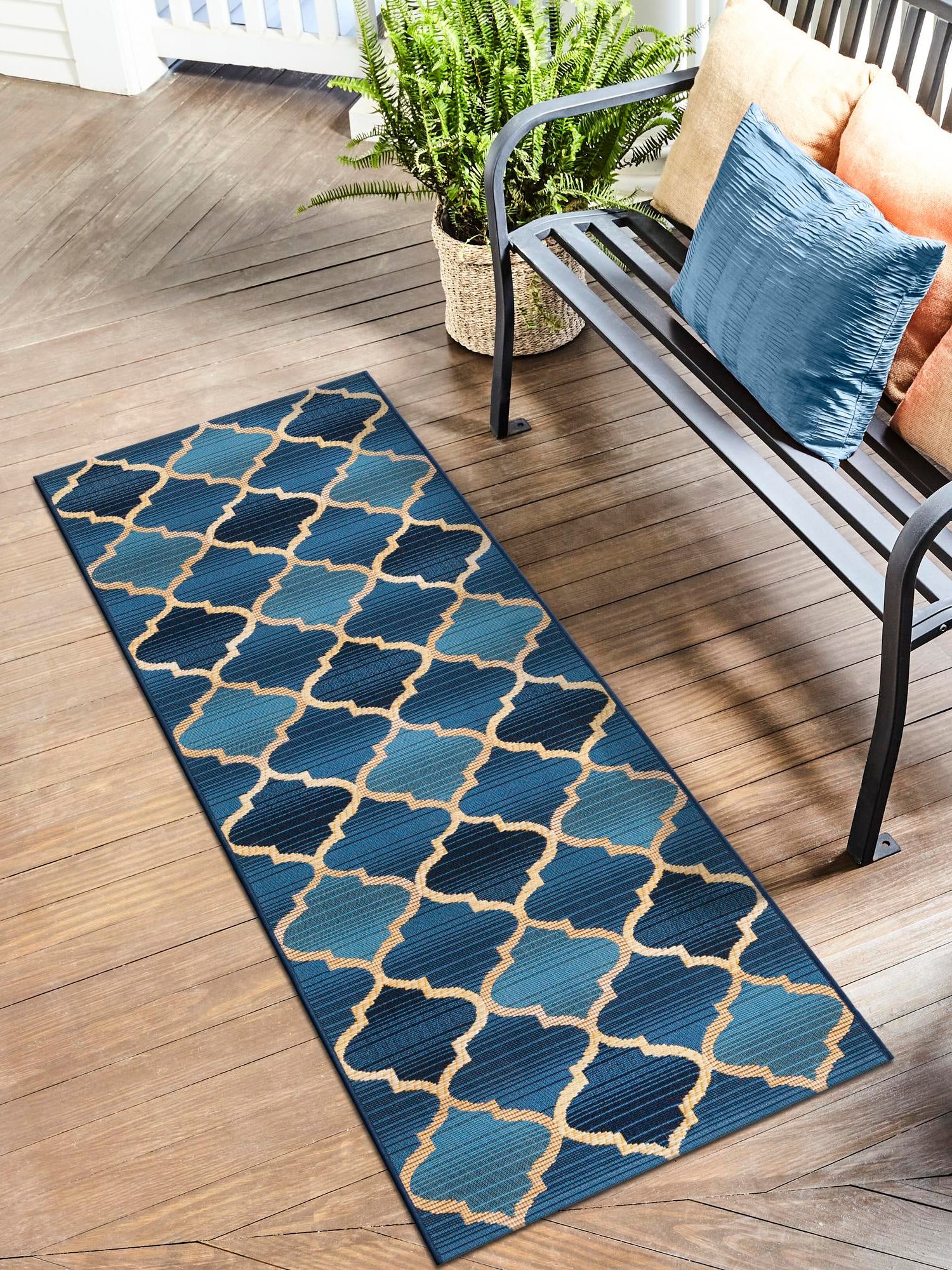 Blue 2' x 6' 1 Outdoor Trellis Runner Area Rug Weather Resistant for Patio, Deck, Terrace, Balcony, Porch Geometric Design Water Safe Outside Carpet for Sale at Rug Engine