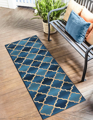 Blue 2' x 6' 1 Outdoor Trellis Runner Area Rug Weather Resistant for Patio, Deck, Terrace, Balcony, Porch Geometric Design Water Safe Outside Carpet for Sale at Rug Engine
