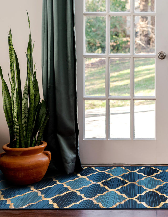 Blue 2' 7 x 5' 3 Outdoor Trellis Runner Area Rug Weather Resistant for Patio, Deck, Terrace, Balcony, Porch Geometric Design Water Safe Outside Carpet for Sale at Rug Engine
