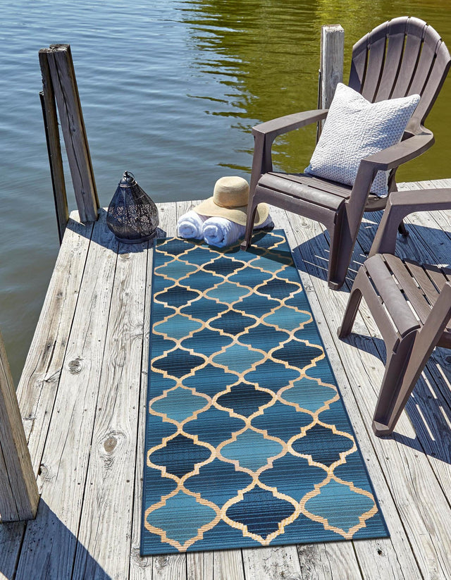 Blue 2' x 6' 1 Outdoor Trellis Runner Area Rug Weather Resistant for Patio, Deck, Terrace, Balcony, Porch Geometric Design Water Safe Outside Carpet for Sale at Rug Engine