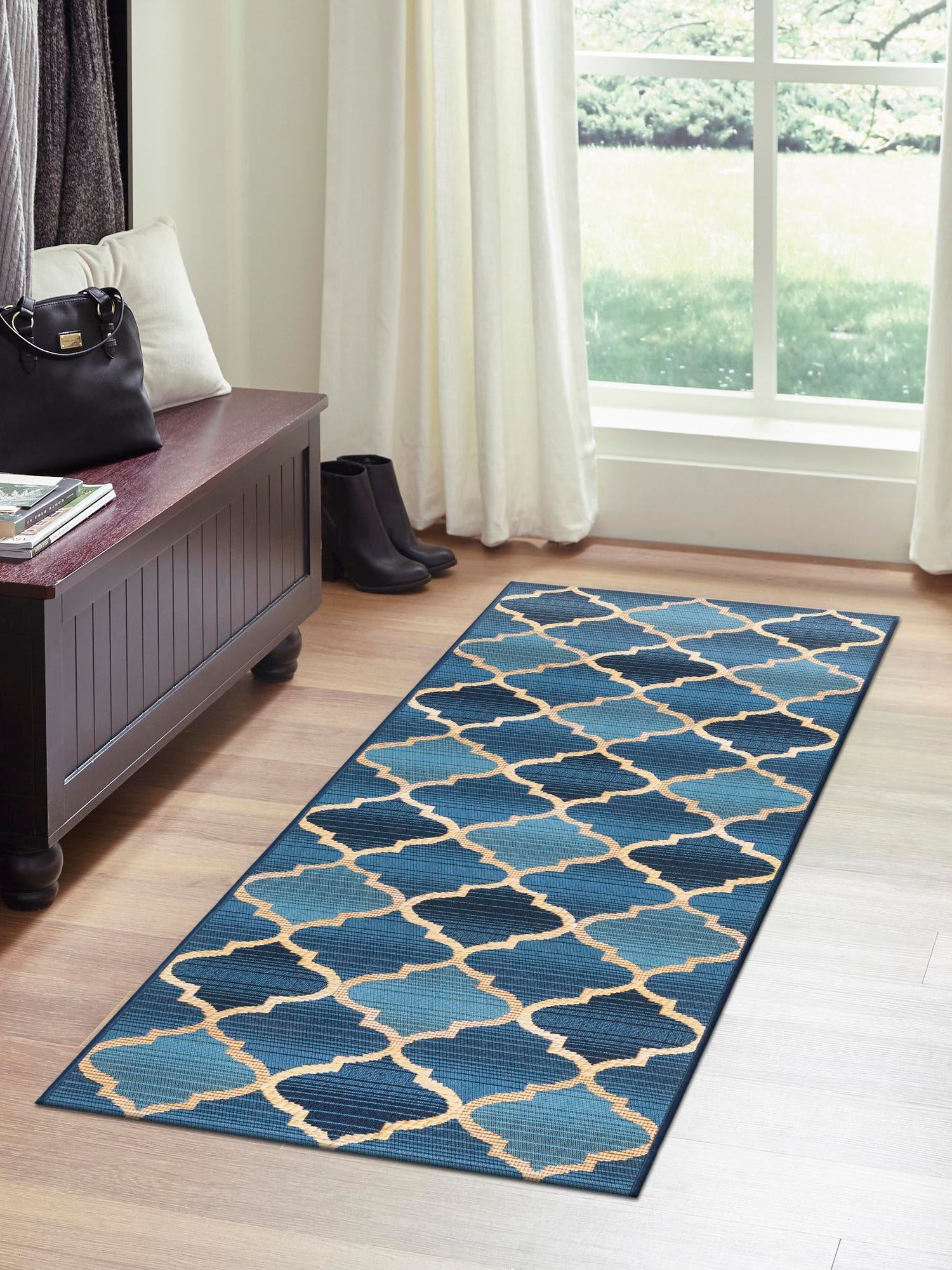 Blue 2' x 6' 1 Outdoor Trellis Runner Area Rug Weather Resistant for Patio, Deck, Terrace, Balcony, Porch Geometric Design Water Safe Outside Carpet for Sale at Rug Engine