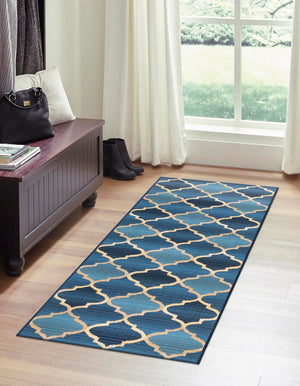 Blue 2' x 6' 1 Outdoor Trellis Runner Area Rug Weather Resistant for Patio, Deck, Terrace, Balcony, Porch Geometric Design Water Safe Outside Carpet for Sale at Rug Engine