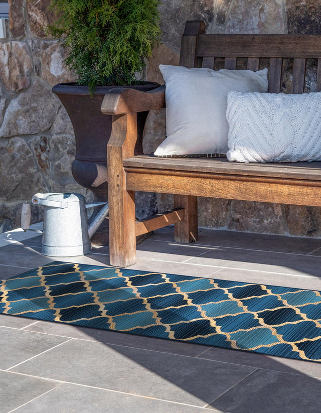 Blue 2' x 6' 1 Outdoor Trellis Runner Area Rug Weather Resistant for Patio, Deck, Terrace, Balcony, Porch Geometric Design Water Safe Outside Carpet for Sale at Rug Engine