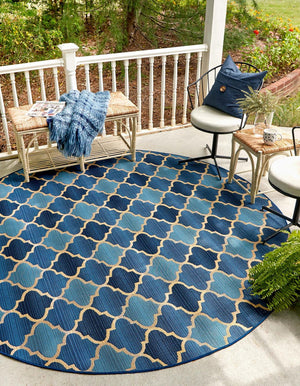Blue 8' x 8' Outdoor Trellis Round Area Rug Weather Resistant for Patio, Deck, Terrace, Balcony, Porch Geometric Design Water Safe Outside Carpet for Sale at Rug Engine
