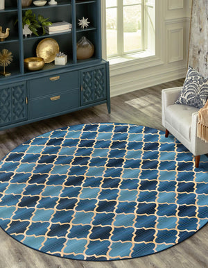 Blue 8' x 8' Outdoor Trellis Round Area Rug Weather Resistant for Patio, Deck, Terrace, Balcony, Porch Geometric Design Water Safe Outside Carpet for Sale at Rug Engine
