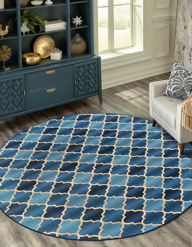 Blue 8' x 8' Outdoor Trellis Round Area Rug Weather Resistant for Patio, Deck, Terrace, Balcony, Porch Geometric Design Water Safe Outside Carpet for Sale at Rug Engine
