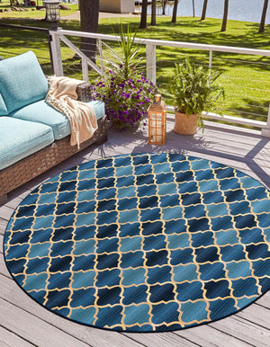 Blue 8' x 8' Outdoor Trellis Round Area Rug Weather Resistant for Patio, Deck, Terrace, Balcony, Porch Geometric Design Water Safe Outside Carpet for Sale at Rug Engine