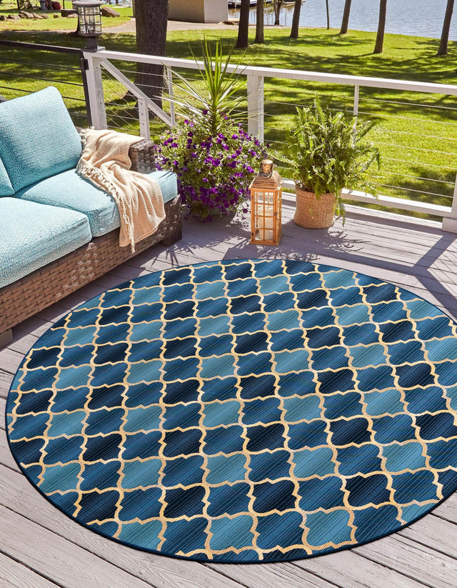 Blue 8' x 8' Outdoor Trellis Round Area Rug Weather Resistant for Patio, Deck, Terrace, Balcony, Porch Geometric Design Water Safe Outside Carpet for Sale at Rug Engine