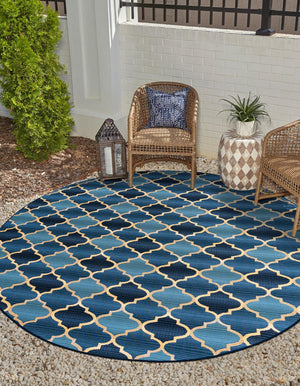 Blue 8' x 8' Outdoor Trellis Round Area Rug Weather Resistant for Patio, Deck, Terrace, Balcony, Porch Geometric Design Water Safe Outside Carpet for Sale at Rug Engine