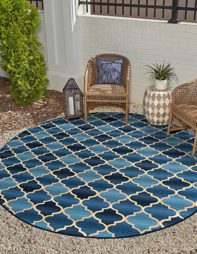 Blue 8' x 8' Outdoor Trellis Round Area Rug Weather Resistant for Patio, Deck, Terrace, Balcony, Porch Geometric Design Water Safe Outside Carpet for Sale at Rug Engine