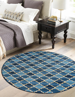 Blue 8' x 8' Outdoor Trellis Round Area Rug Weather Resistant for Patio, Deck, Terrace, Balcony, Porch Geometric Design Water Safe Outside Carpet for Sale at Rug Engine