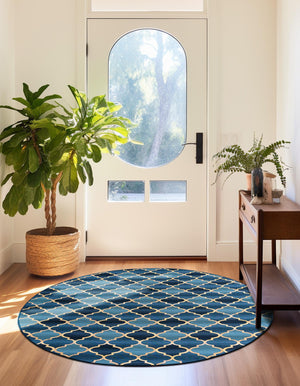Blue 8' x 8' Outdoor Trellis Round Area Rug Weather Resistant for Patio, Deck, Terrace, Balcony, Porch Geometric Design Water Safe Outside Carpet for Sale at Rug Engine