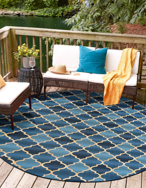 Blue 8' x 8' Outdoor Trellis Round Area Rug Weather Resistant for Patio, Deck, Terrace, Balcony, Porch Geometric Design Water Safe Outside Carpet for Sale at Rug Engine