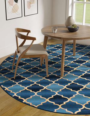 Blue 8' x 8' Outdoor Trellis Round Area Rug Weather Resistant for Patio, Deck, Terrace, Balcony, Porch Geometric Design Water Safe Outside Carpet for Sale at Rug Engine