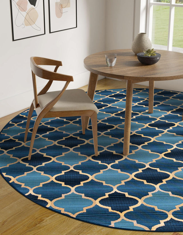 Blue 8' x 8' Outdoor Trellis Round Area Rug Weather Resistant for Patio, Deck, Terrace, Balcony, Porch Geometric Design Water Safe Outside Carpet for Sale at Rug Engine