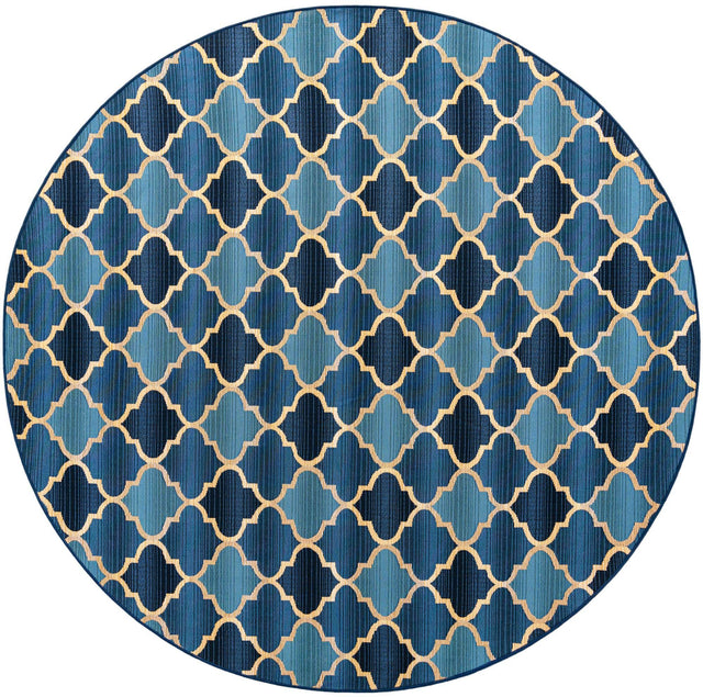 Blue 8' x 8' Outdoor Trellis Round Area Rug Weather Resistant for Patio, Deck, Terrace, Balcony, Porch Geometric Design Water Safe Outside Carpet for Sale at Rug Engine