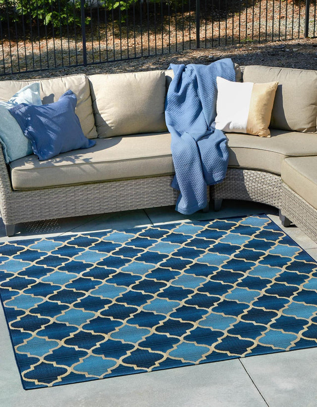 Blue 6' 1 x 6' 1 Outdoor Trellis Square Area Rug Weather Resistant for Patio, Deck, Terrace, Balcony, Porch Geometric Design Water Safe Outside Carpet for Sale at Rug Engine