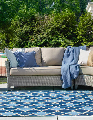 Blue 6' 1 x 6' 1 Outdoor Trellis Square Area Rug Weather Resistant for Patio, Deck, Terrace, Balcony, Porch Geometric Design Water Safe Outside Carpet for Sale at Rug Engine