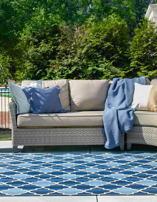Blue 6' 1 x 6' 1 Outdoor Trellis Square Area Rug Weather Resistant for Patio, Deck, Terrace, Balcony, Porch Geometric Design Water Safe Outside Carpet for Sale at Rug Engine