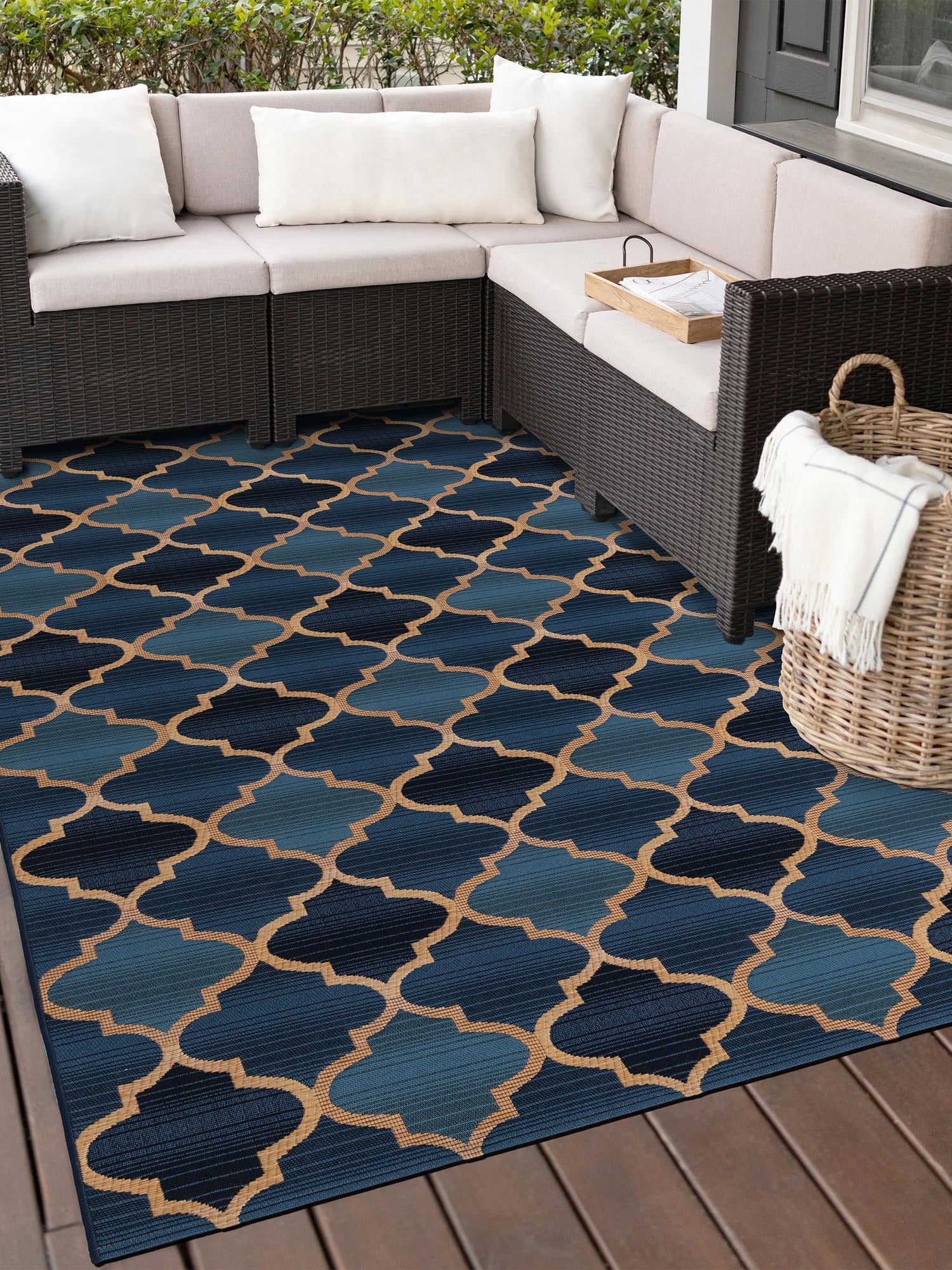 Blue 10' x 12' Outdoor Trellis Rectangle Area Rug Weather Resistant for Patio, Deck, Terrace, Balcony, Porch Geometric Design Water Safe Outside Carpet for Sale at Rug Engine