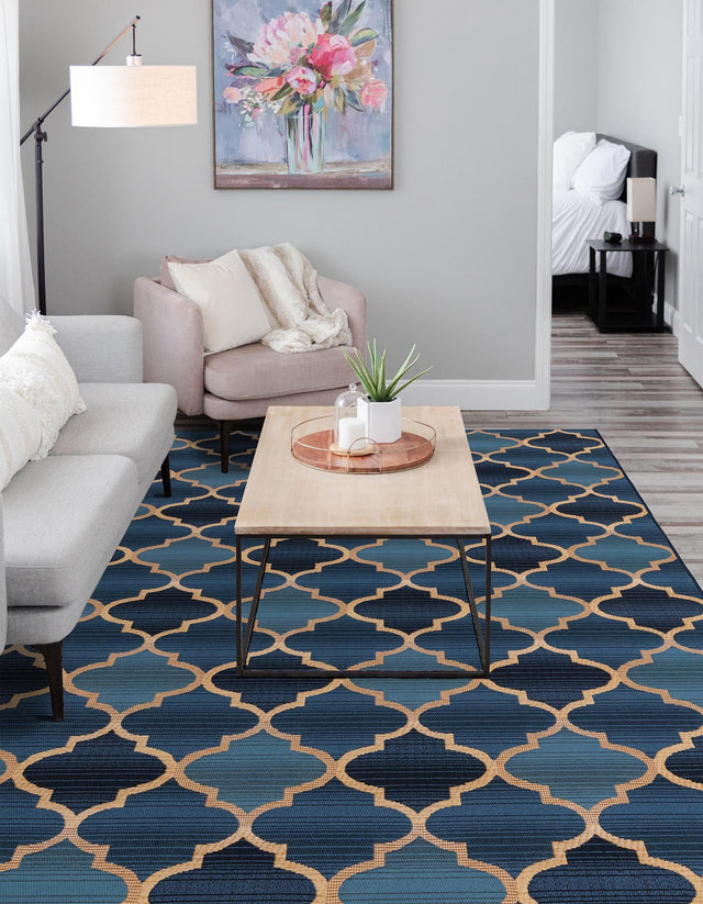 Blue 5' 3 x 8' Outdoor Trellis Rectangle Area Rug Weather Resistant for Patio, Deck, Terrace, Balcony, Porch Geometric Design Water Safe Outside Carpet for Sale at Rug Engine