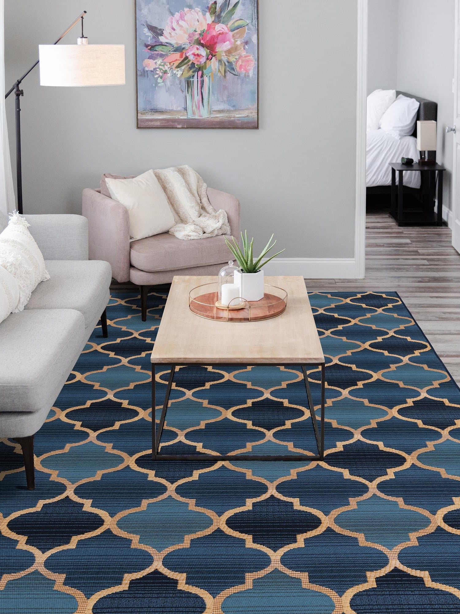 Blue 4' 1 x 6' 1 Outdoor Trellis Rectangle Area Rug Weather Resistant for Patio, Deck, Terrace, Balcony, Porch Geometric Design Water Safe Outside Carpet for Sale at Rug Engine