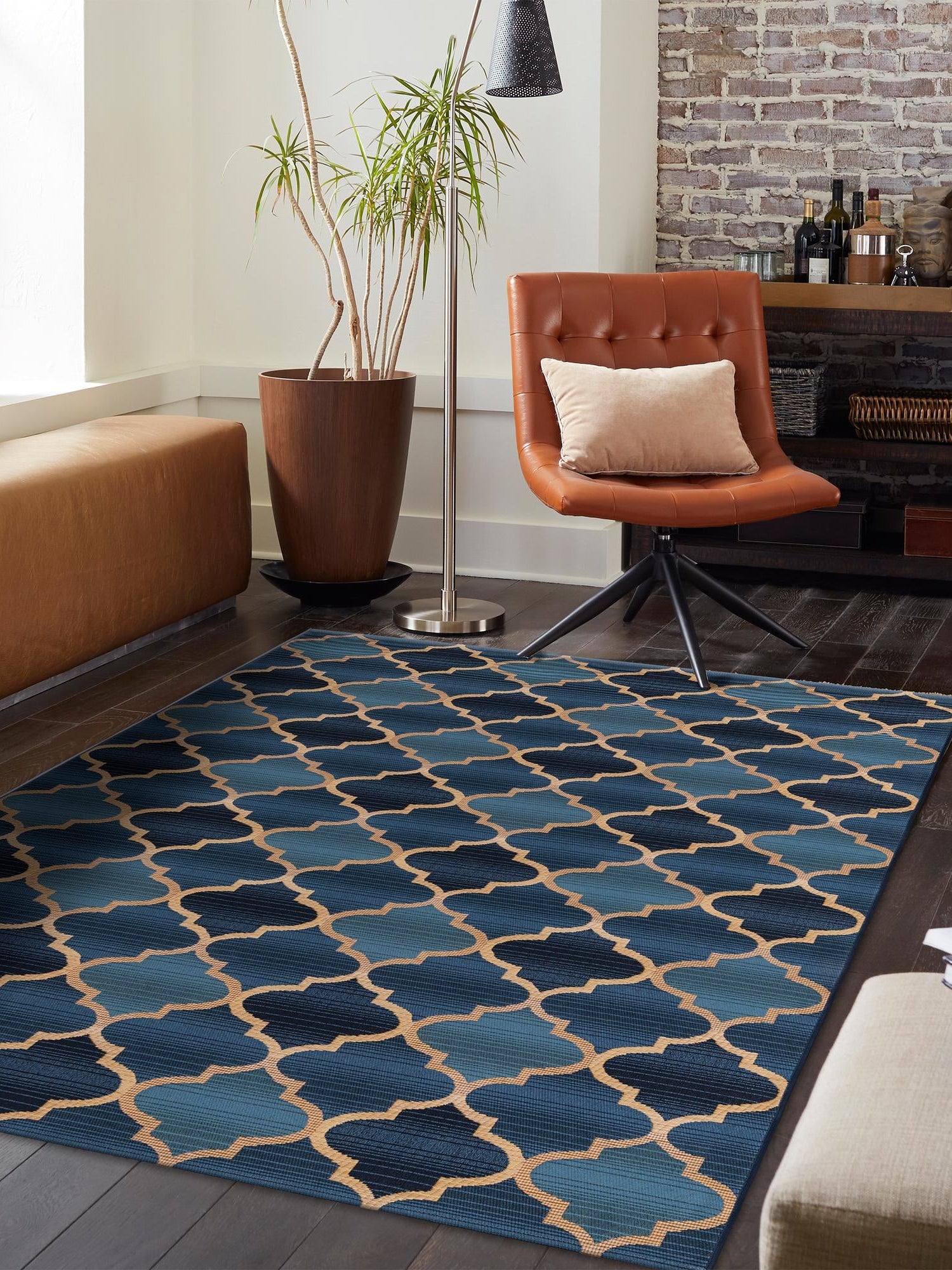 Blue 2' 2 x 3' Outdoor Trellis Rectangle Area Rug Weather Resistant for Patio, Deck, Terrace, Balcony, Porch Geometric Design Water Safe Outside Carpet for Sale at Rug Engine