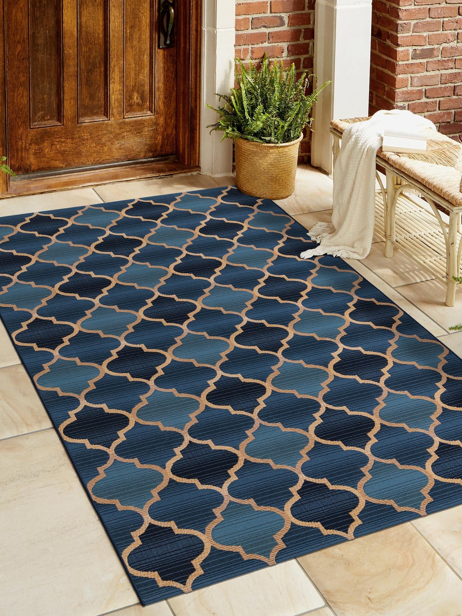 Blue 8' x 11' 4 Outdoor Trellis Rectangle Area Rug Weather Resistant for Patio, Deck, Terrace, Balcony, Porch Geometric Design Water Safe Outside Carpet for Sale at Rug Engine