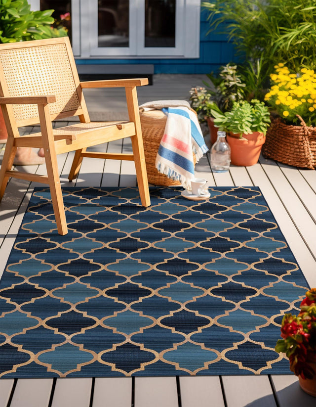 Blue 4' 1 x 6' 1 Outdoor Trellis Rectangle Area Rug Weather Resistant for Patio, Deck, Terrace, Balcony, Porch Geometric Design Water Safe Outside Carpet for Sale at Rug Engine