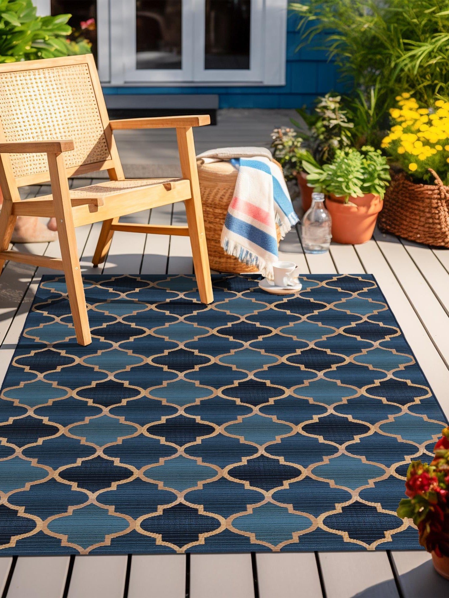 Blue 8' x 11' 4 Outdoor Trellis Rectangle Area Rug Weather Resistant for Patio, Deck, Terrace, Balcony, Porch Geometric Design Water Safe Outside Carpet for Sale at Rug Engine
