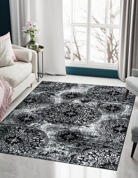 Black 9' x 12' Sofia Rectangle Area Rug Durable Easy Clean Stain Resistant Unique Carpet for Affordable Interior Home Design for Sale at Rug Engine