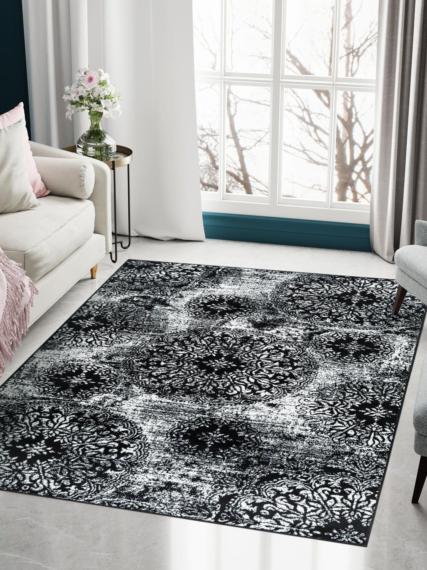 Black 3' 1 x 5' 3 Sofia Rectangle Area Rug Durable Easy Clean Stain Resistant Unique Carpet for Affordable Interior Home Design for Sale at Rug Engine