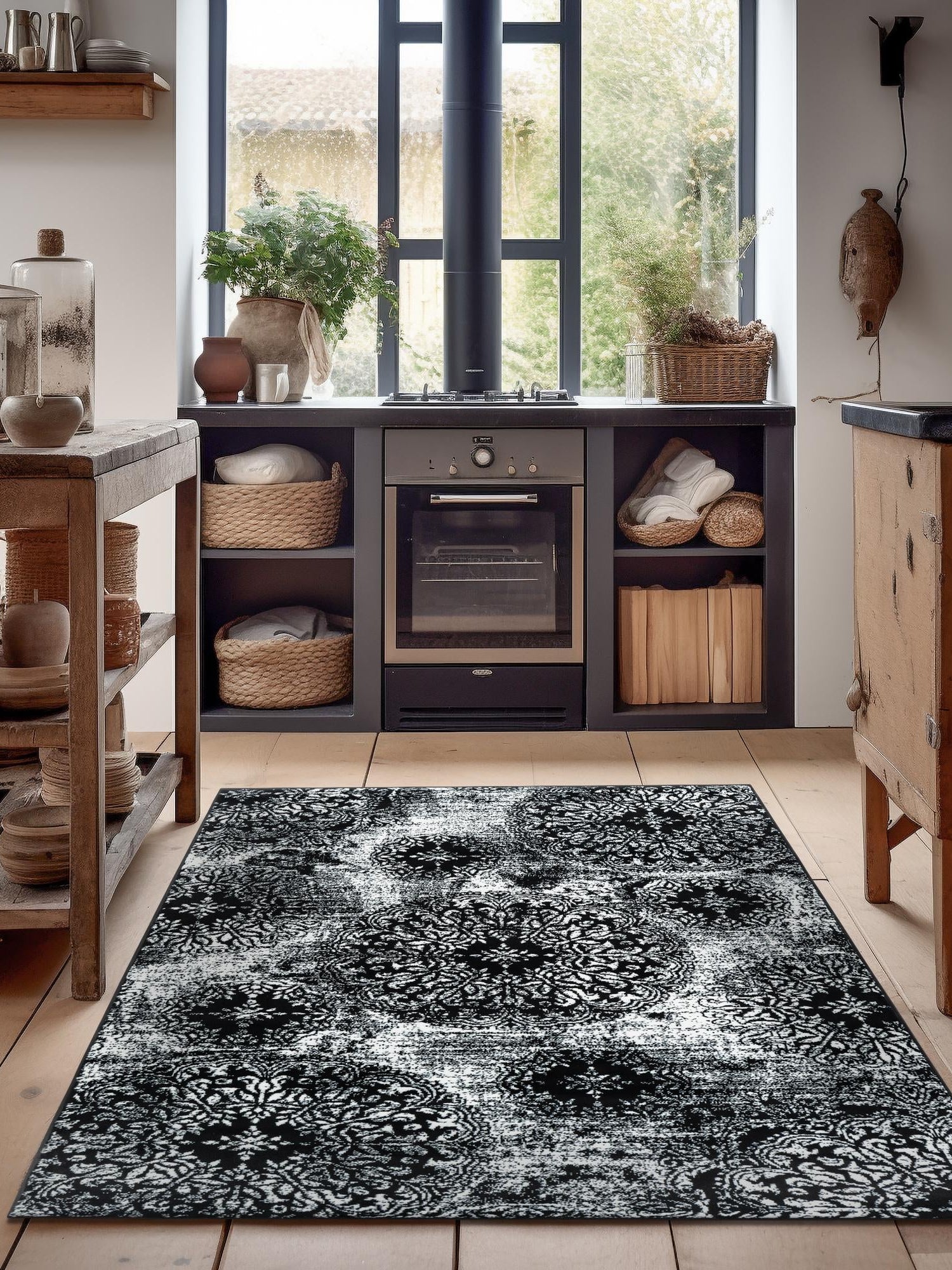 Black 4' 1 x 6' 1 Sofia Rectangle Area Rug Durable Easy Clean Stain Resistant Unique Carpet for Affordable Interior Home Design for Sale at Rug Engine