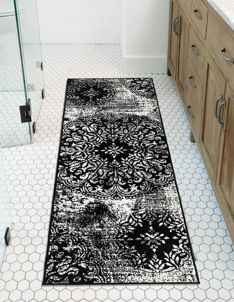 Black 3' 3 x 16' 5 Sofia Runner Area Rug Durable Easy Clean Stain Resistant Unique Carpet for Affordable Interior Home Design for Sale at Rug Engine