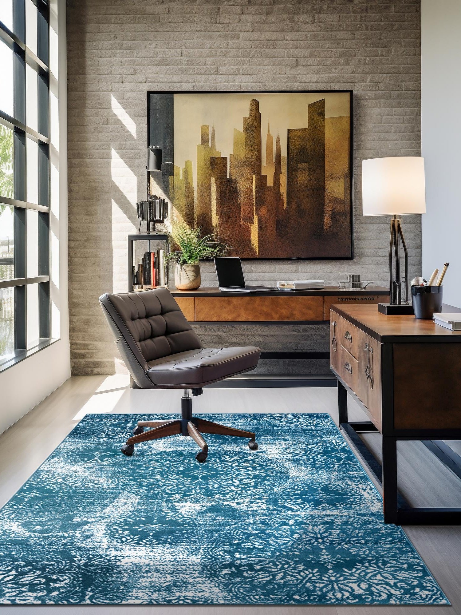 Blue 4' 1 x 6' 1 Sofia Rectangle Area Rug Durable Easy Clean Stain Resistant Unique Carpet for Affordable Interior Home Design for Sale at Rug Engine