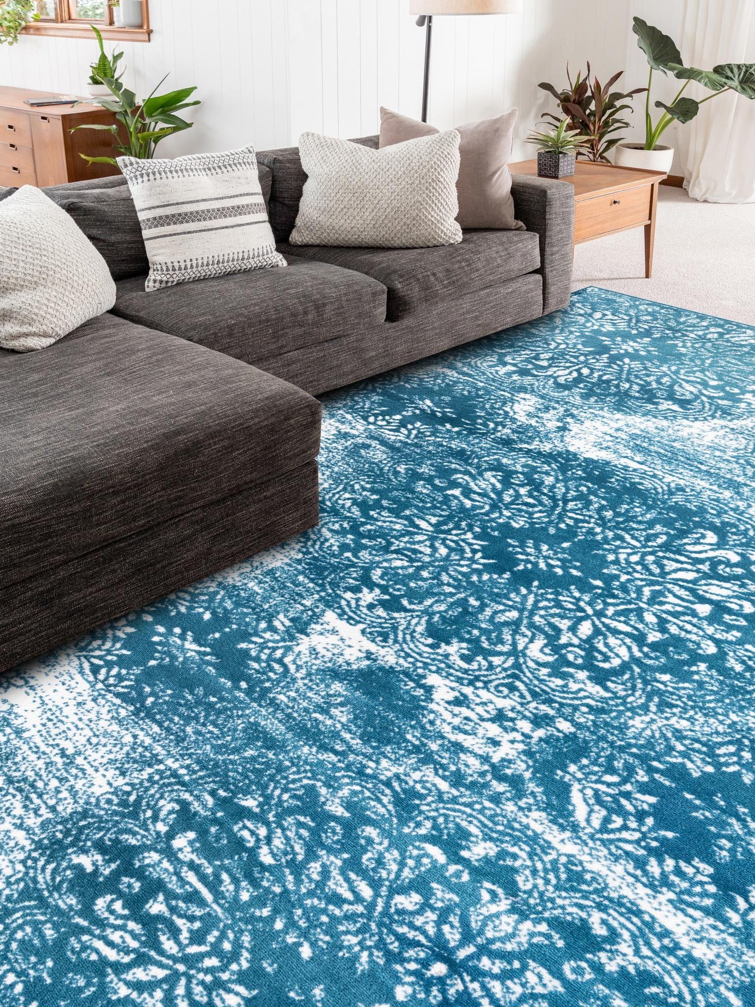 Blue 5' 3 x 8' Sofia Rectangle Area Rug Durable Easy Clean Stain Resistant Unique Carpet for Affordable Interior Home Design for Sale at Rug Engine
