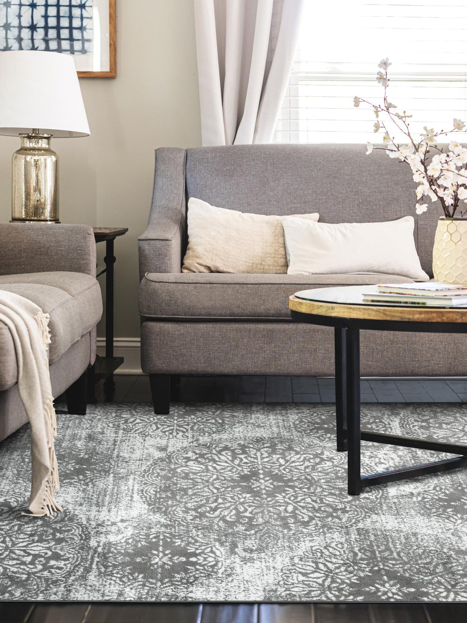 Gray 7' 10 x 10' Sofia Rectangle Area Rug Durable Easy Clean Stain Resistant Unique Carpet for Affordable Interior Home Design for Sale at Rug Engine