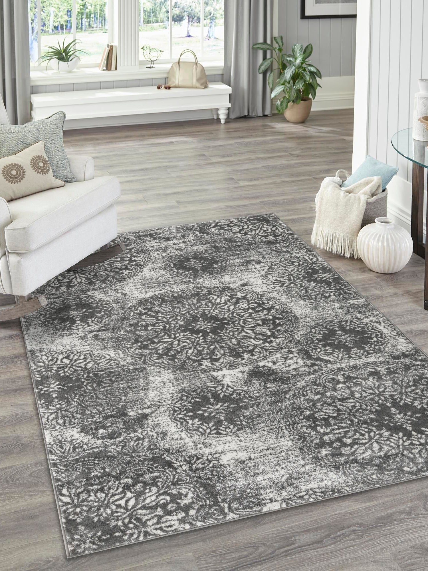 Gray 7' 10 x 11' Sofia Rectangle Area Rug Durable Easy Clean Stain Resistant Unique Carpet for Affordable Interior Home Design for Sale at Rug Engine