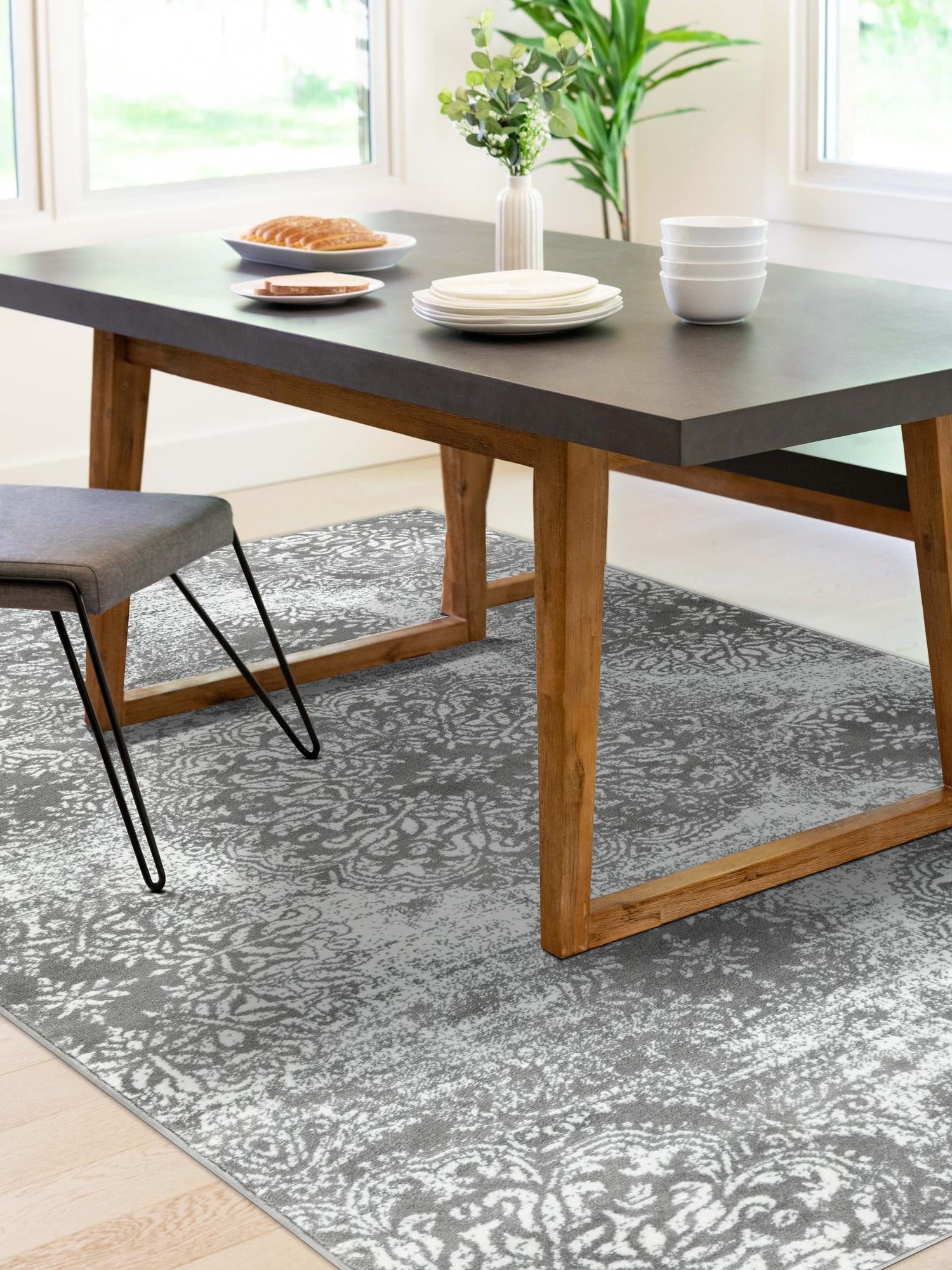 Gray 4' 1 x 6' 1 Sofia Rectangle Area Rug Durable Easy Clean Stain Resistant Unique Carpet for Affordable Interior Home Design for Sale at Rug Engine